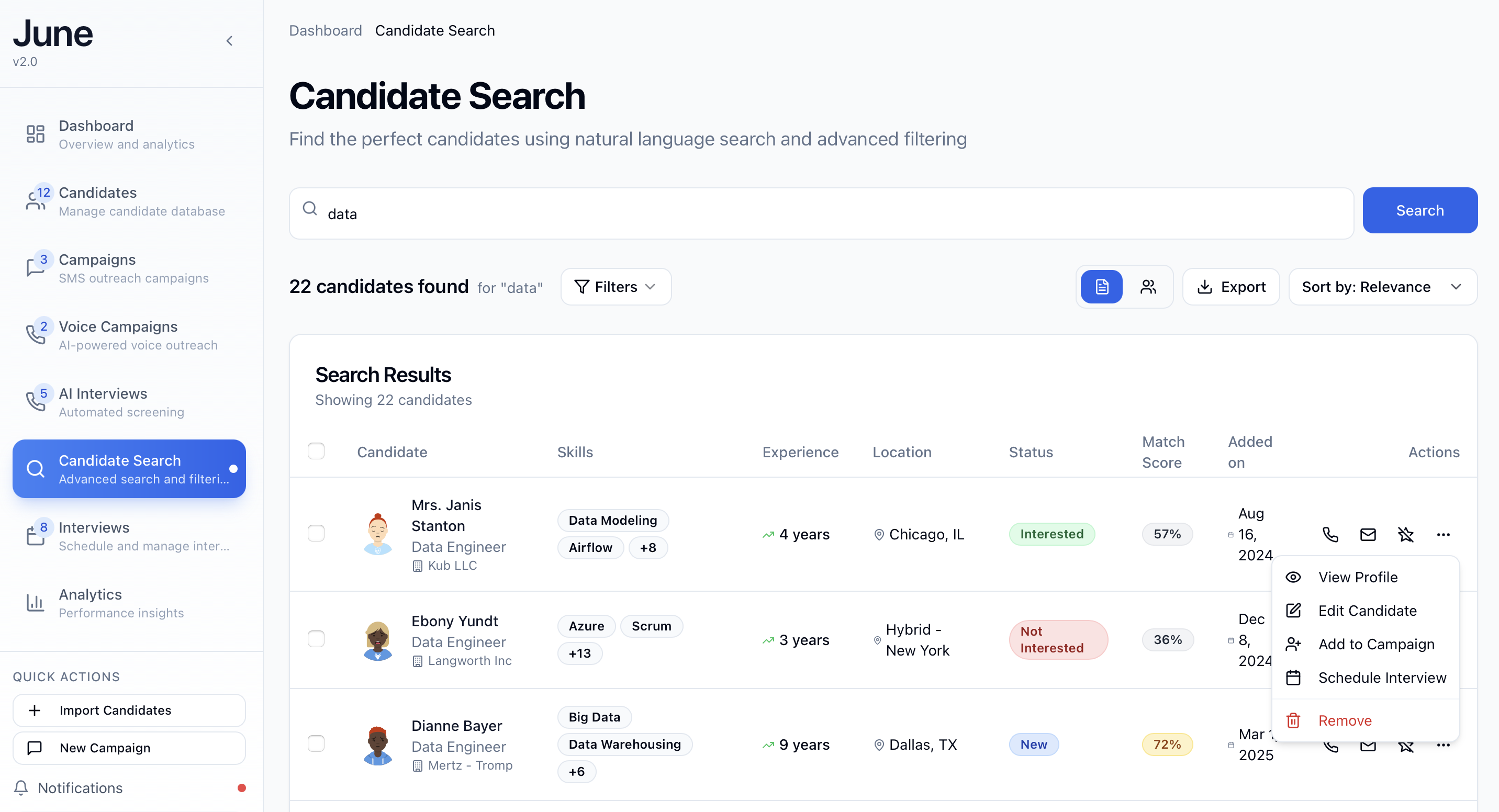 Candidate Management and AI Assistant Interface